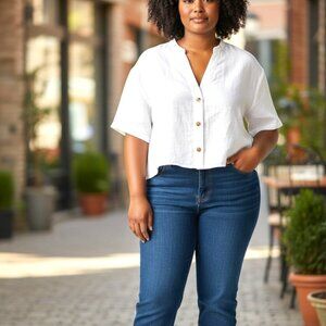 (D-109)KIRIOUS Los Angeles White Cropped Blouse Linen Rayon Women Size XL Casual